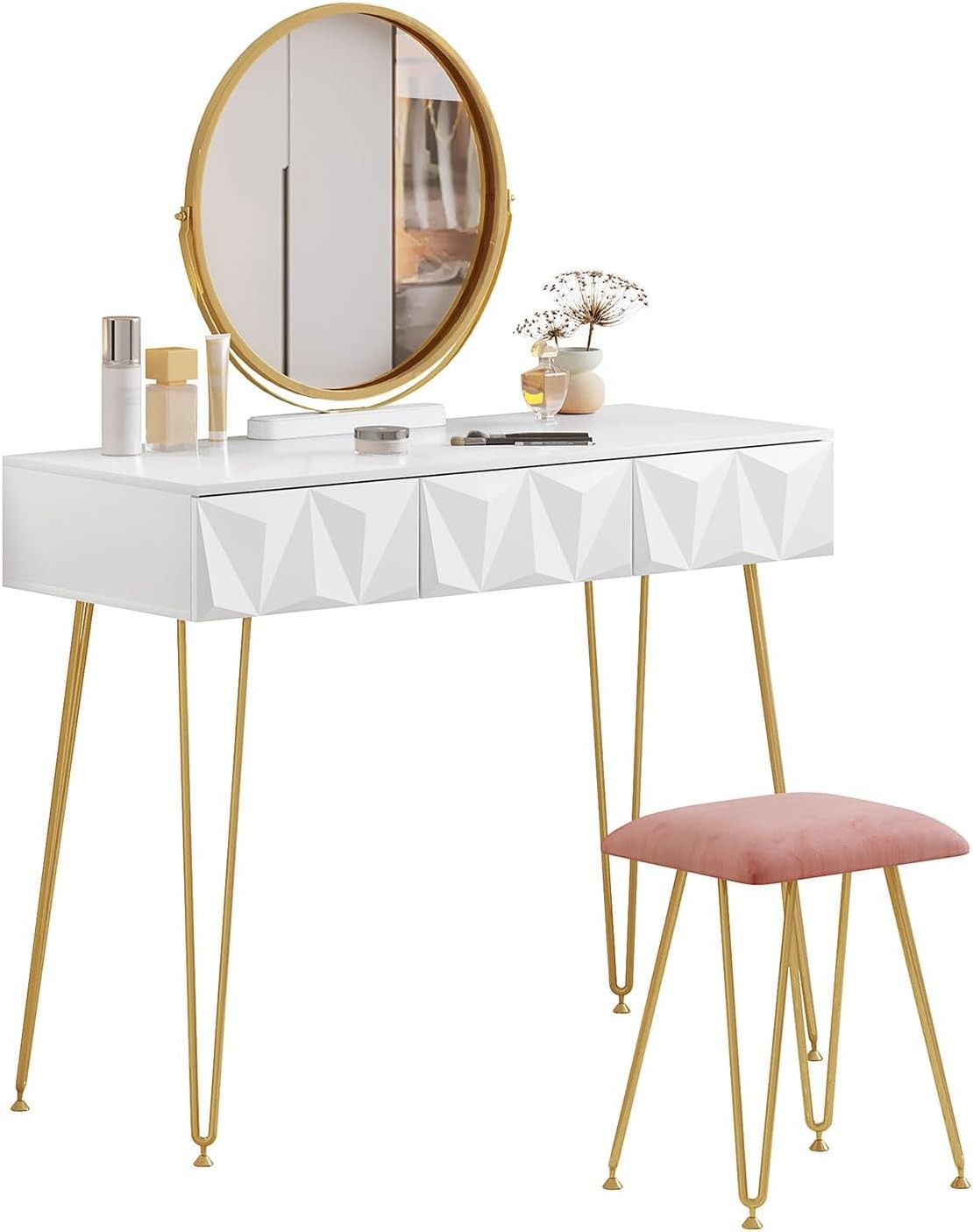 Juego de mesa de tocador, mesa de maquillaje con espejo circular y  taburete, tocador de madera para dormitorio con 4 cajones (color blanco +  madera)