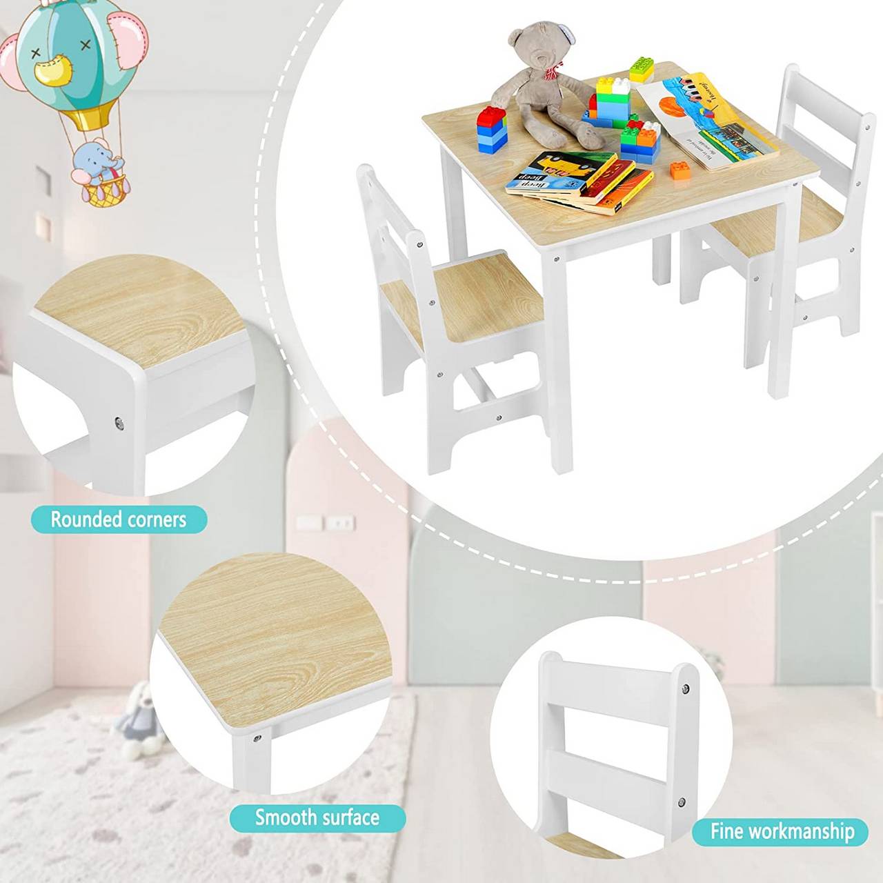 Kids Table and Chairs Stools Preschoolers Chairs Sets 2 Boys Children\'s and White Wooden Set Desk Girls with for Table