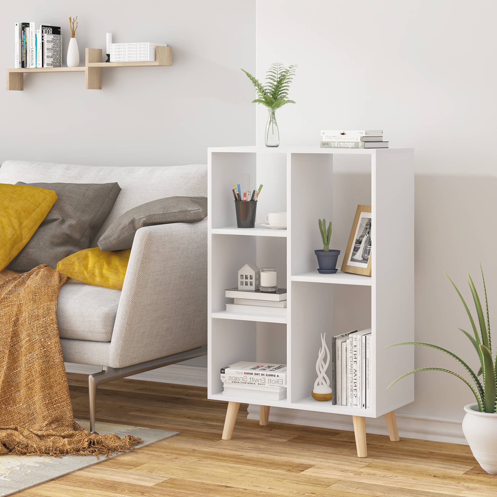 WOLTU-Estantería de madera para libros, estantería con puertas, antipolvo,  Ideal para dormitorio y sala de estar, 1 unidad, 6 cubos de almacenamiento