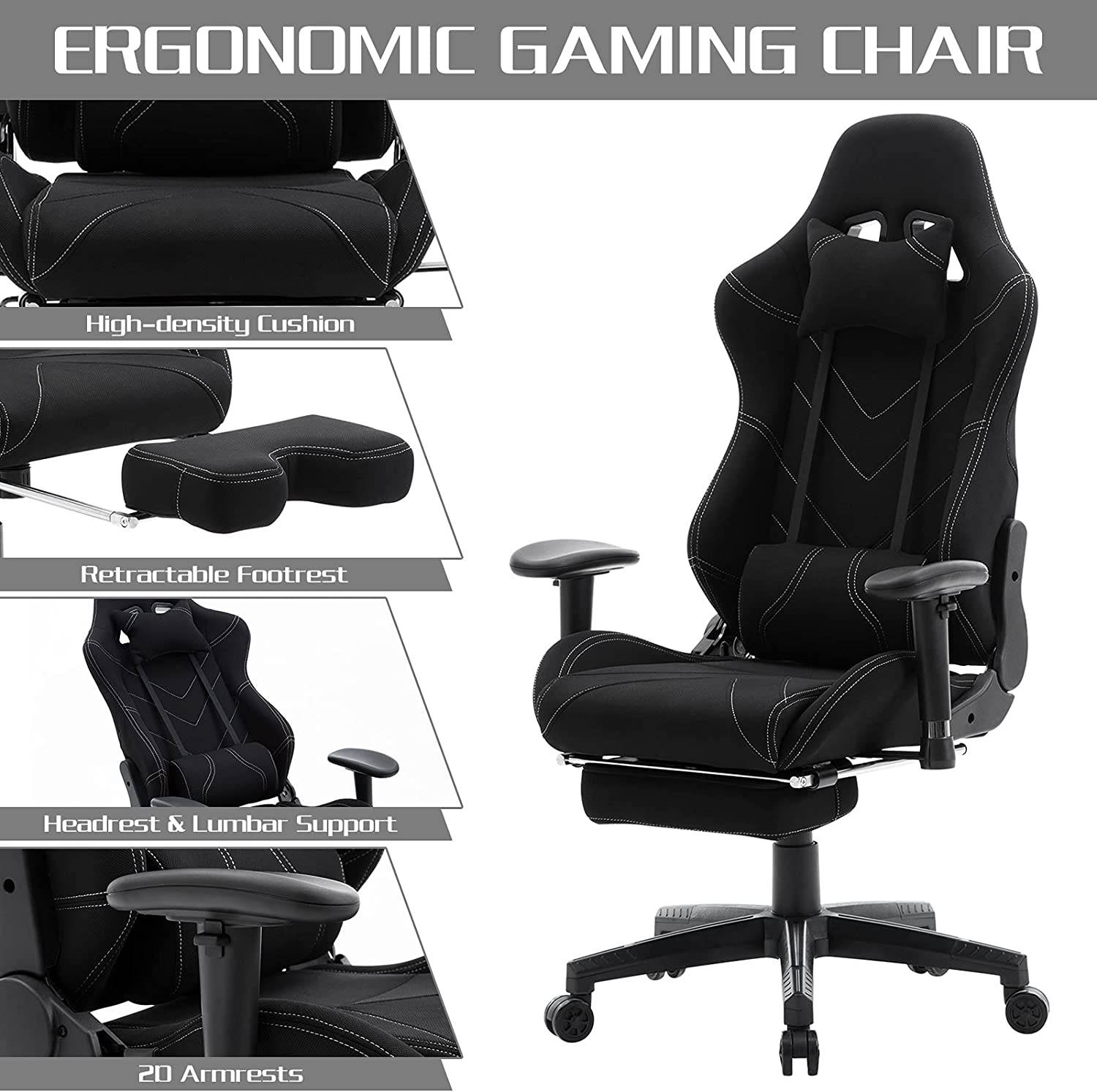 Fauteuil de Bureau Chaise Gaming en Tissu,Chaise de Bureau avec Appuie-tête  et Repose-Pieds