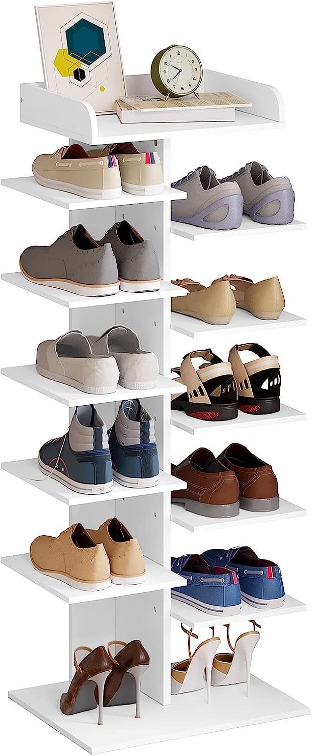 Organizador de zapatos apilable de 14 niveles para ahorrar espacio,  organizador de zapatos para armario, soporte vertical de plástico ligero  para entrada, armario estrecho, color blanco : : Hogar y cocina