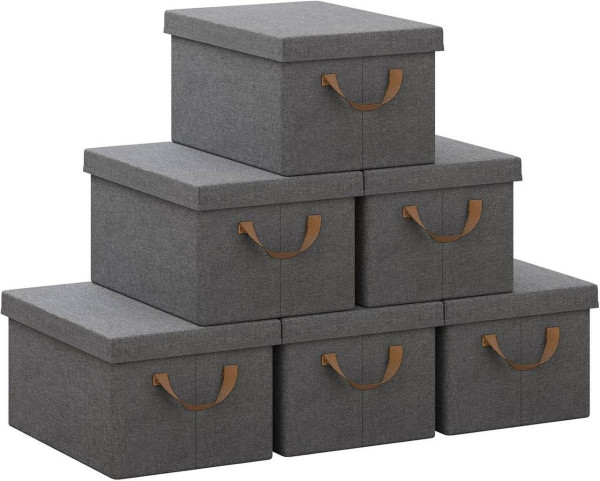 WOLTU Boîte de Rangement avec Couvercle, Lot de 6, Caisse Rangement Pliable, Coffre de Rangement en Tissu non Tissé, avec Poignée, Couvercle Amovible, Gris