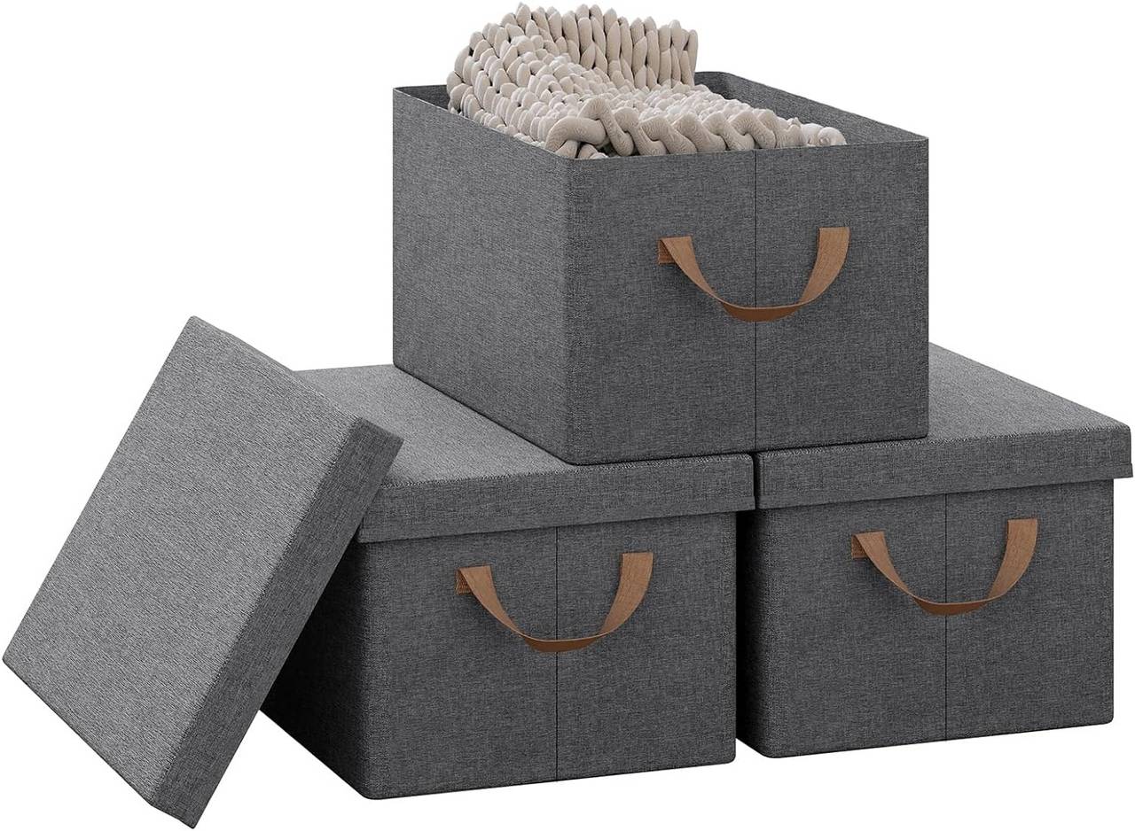 Aufbewahrungsbox mit Deckel, 3er Set Stoffboxen, Aufbewahrungskorb mit  Griffen, Aufbewahrungswürfel, faltbare Box für Kleidung Spielzeug, Klappbox  Grau