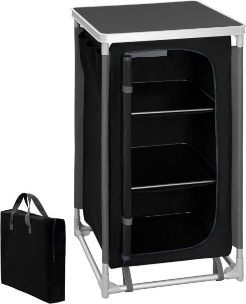 WOLTU camping cupboard, with carrying bag, 3 compartments, side pockets, aluminium, black