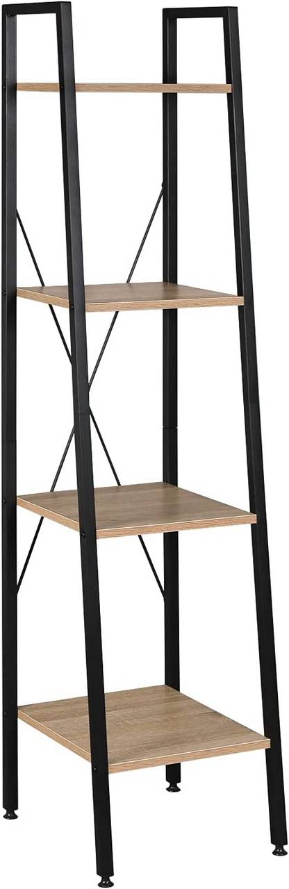 Metal & Wood Standing Shelf with 4 Shelves Black + Light Oak 