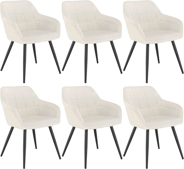 6 x Esszimmerstühle 6er Set Esszimmerstuhl Küchenstuhl Polsterstuhl Design Stuhl mit Armlehnen, mit Sitzfläche aus Samt, Gestell aus Metall Cremeweiß