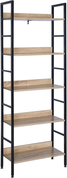 Standregal Metallregal aus Holz&Stahl, mit 5 Ablagen, ca. 60x27,5x160 cm, Schwarz-eiche-hell