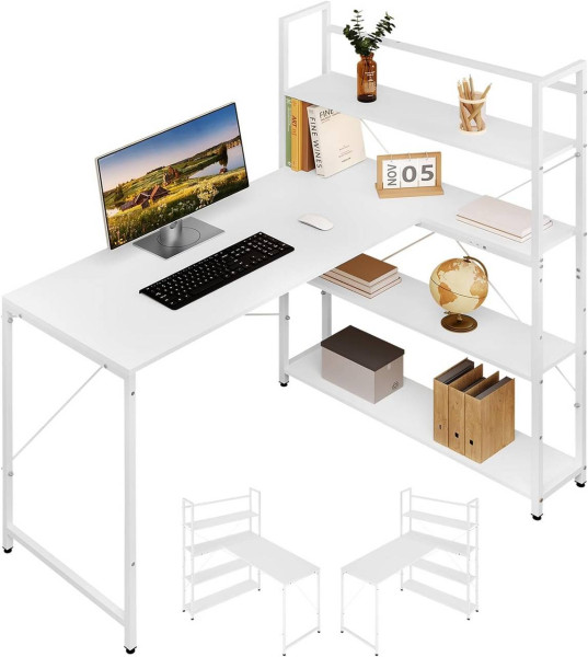 Klihome Bureau en L avec Étagère de Rangement, Table de Travail avec 4 Étagères Ouvertes, Bureau d'Ordinateur, Bureau en Forme L avec Étagères, 120x80x128,5 cm, Blanc