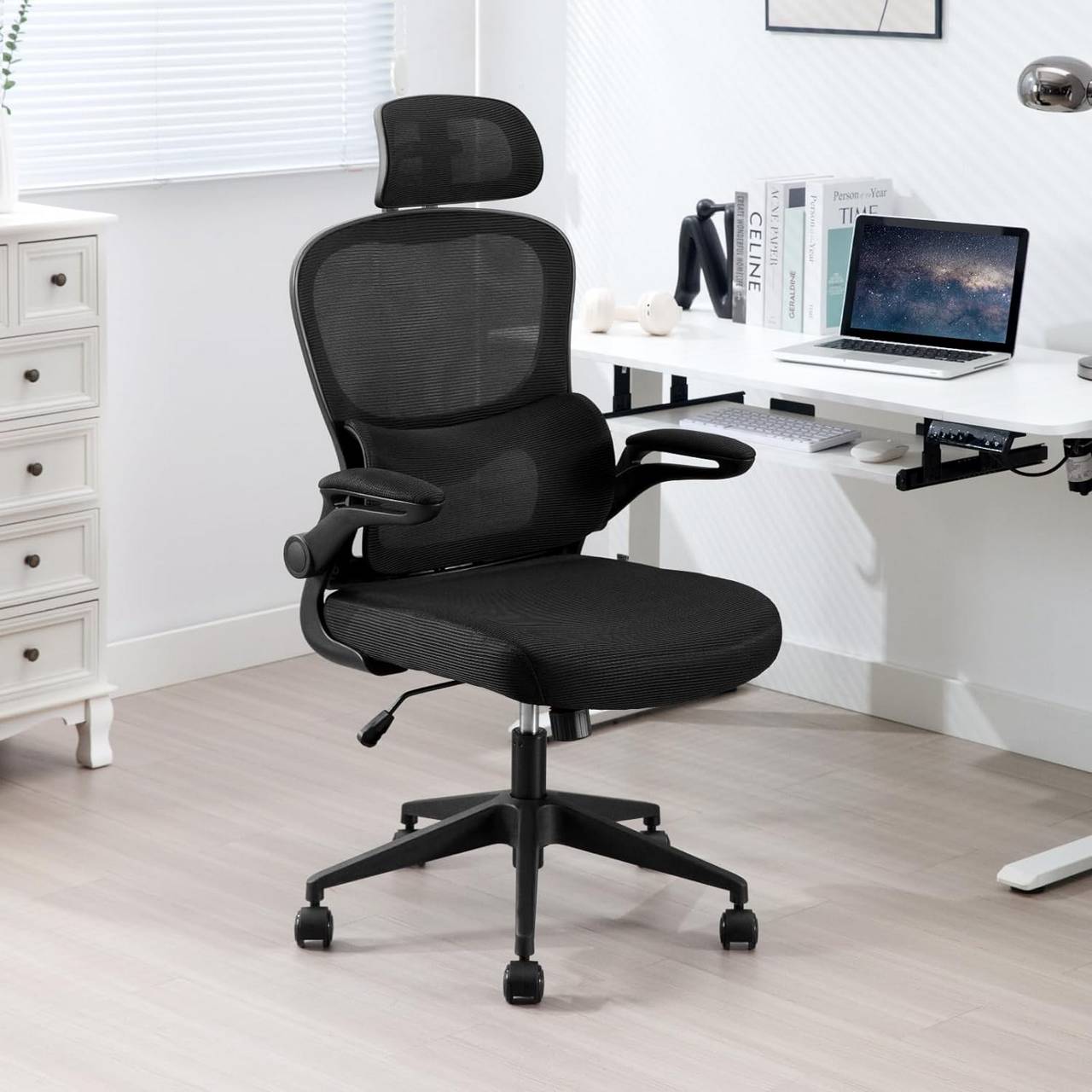 Silla de oficina de malla, silla ergonómica de escritorio con reposacabezas  y soporte lumbar ajustable, silla giratoria para oficina en casa con