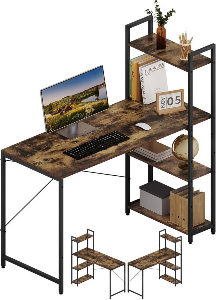 Klihome Bureau avec Étagères Latérales à 4 Niveaux, Bureau d'Ordinateur, Table de Travail avec Rangement pour l'Étude ou Le Bureau, 120x120x50 cm