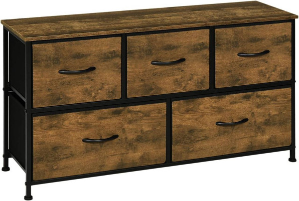 WOLTU Commode Chambre, Meuble de Rangement, Armoire à 2 Niveaux, Commode 5 Tiroirs en Tissu, Style Industriel, en Bois d'Ingénierie, Cadre en Métal, Marron Rustique, 100x30x54cm