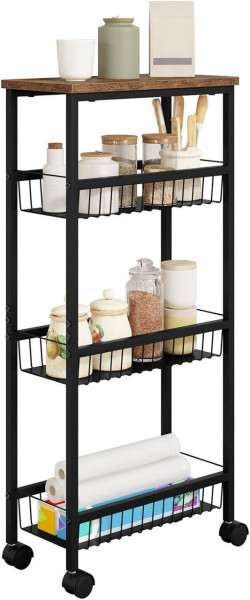 WOLTU serving trolley, kitchen trolley with worktop, 3 metal baskets, brakes, black