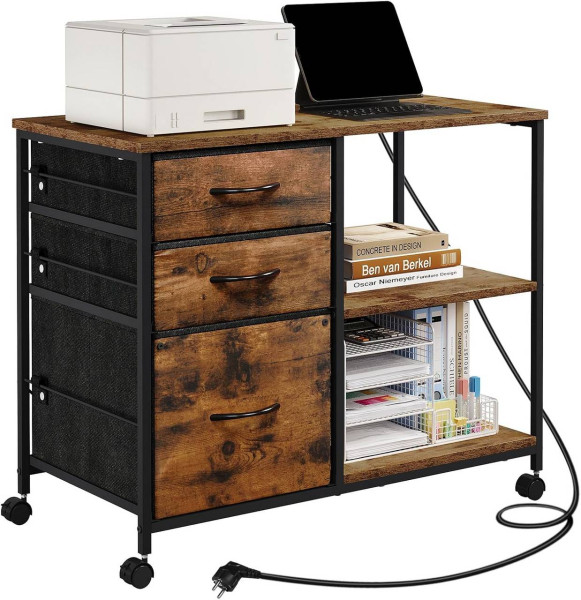 WOLTU Caisson Bureau, Armoire de Bureau à roulettes, avec Station de Charge, Meuble Imprimante, 3 Tiroirs, 2 Étagères, 2 Prises, 2 Ports USB, Dossiers Suspendus, Marron Rustique