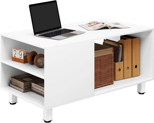 WOLTU coffee table with storage space, 2 side compartments, metal legs, 90x45x50 cm, white