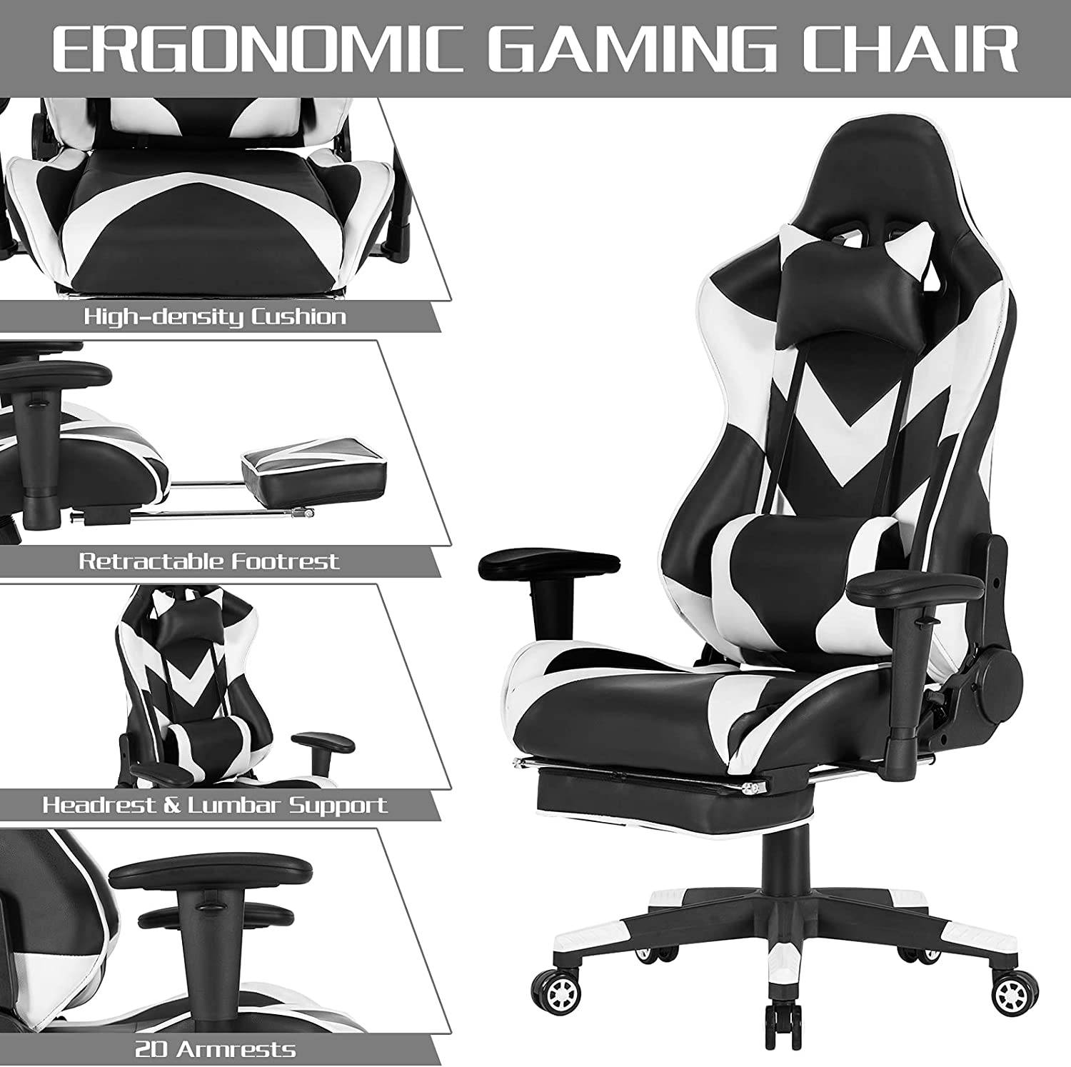 WOLTU-Chaise de jeu avec repose-pieds, chaise de course, chaise de bureau,  ordinateur, bureau, siège de sport, sauna, coussin lombaire