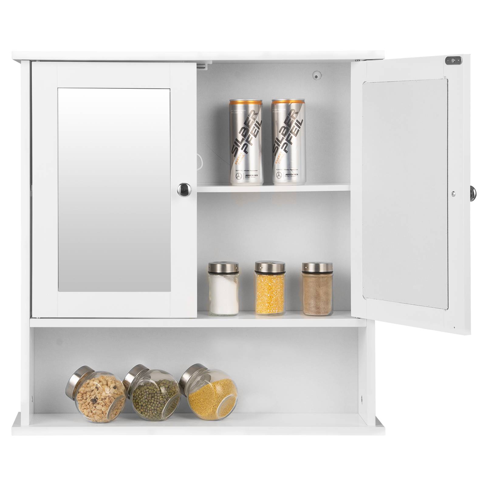 Spiegelschrank Badschrank Hängeschrank aus Holz, höhenverstellbarer 58 cm 13 Einlegeboden, x Fach, offenes weiß, 56 x