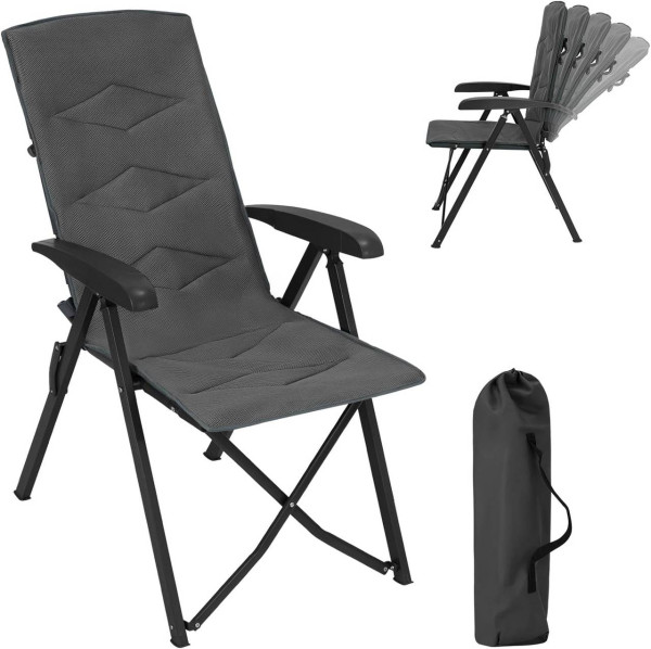 WOLTU Chaise Pliante Camping, Chaise Longue, avec Dossier Haut Réglable, Fauteuil Pliant, Chaise de Pêche, Siège Rembourré, Portable, Cadre en Métal, Gris foncé