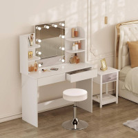 WOLTU Dressing table with LED lighting and stool, dressing table, 108x40x142cm, made of wood, white
