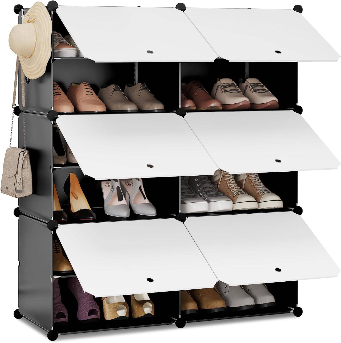 Schuhregal mit 6 Fächern, Schuhaufbewahrung 24 Schwarz Schuhe, aus Flur Schuhorganizer Wohnzimmer Schuhschrank für Türen, modularen mit PP-Platten, Schlafzimmer, für Weiß Paar