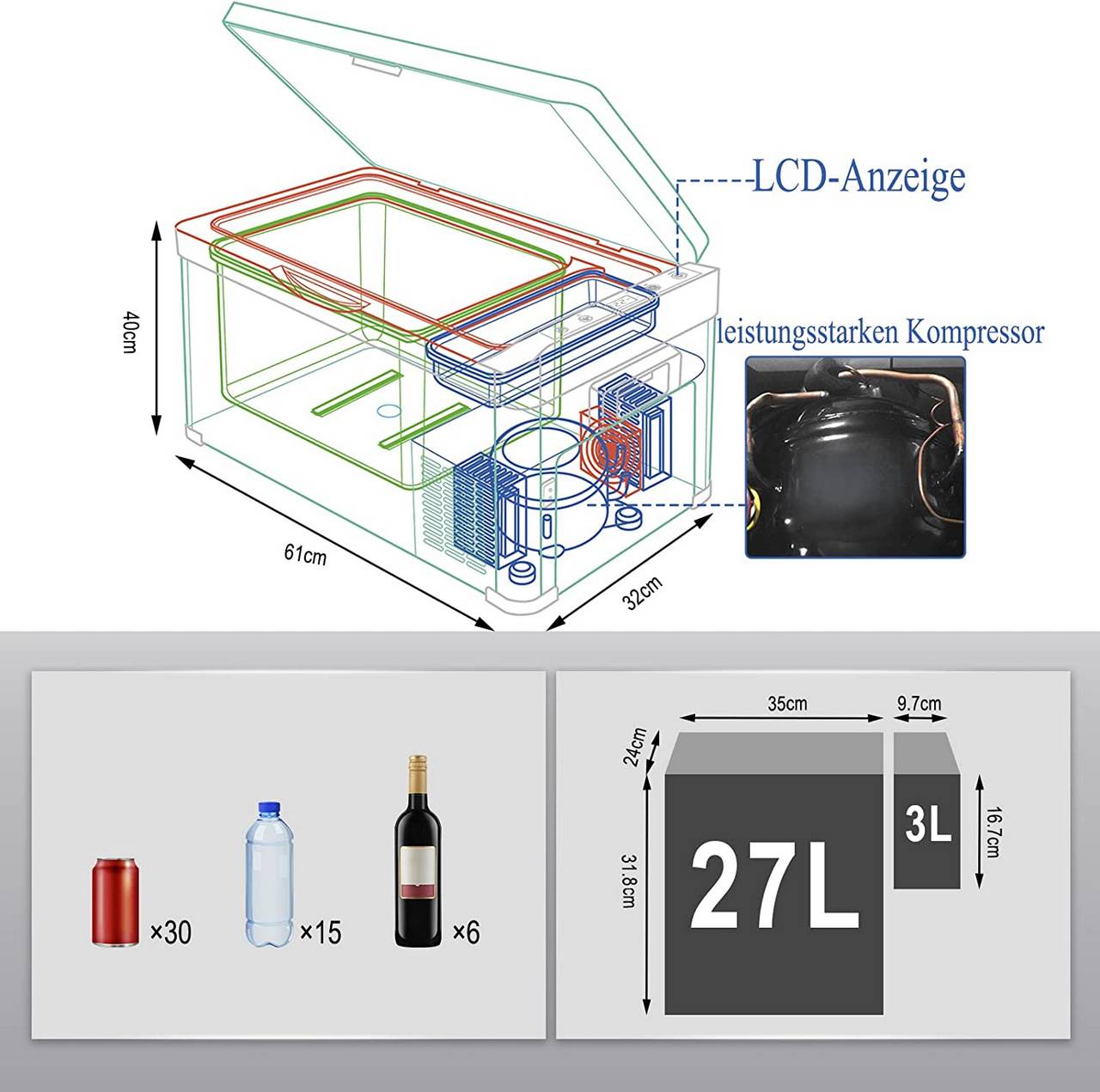 Kühlbox Kühltruhe Gefriertruhe Mini Kühlschrank elektrisch klein  warmhaltebox für essen Kühlbox mit Akku für Auto LKW PKW Wohnmobil Camping  Boot und Steckdose 30 L 12V/24V/220-240V KUE011wsz