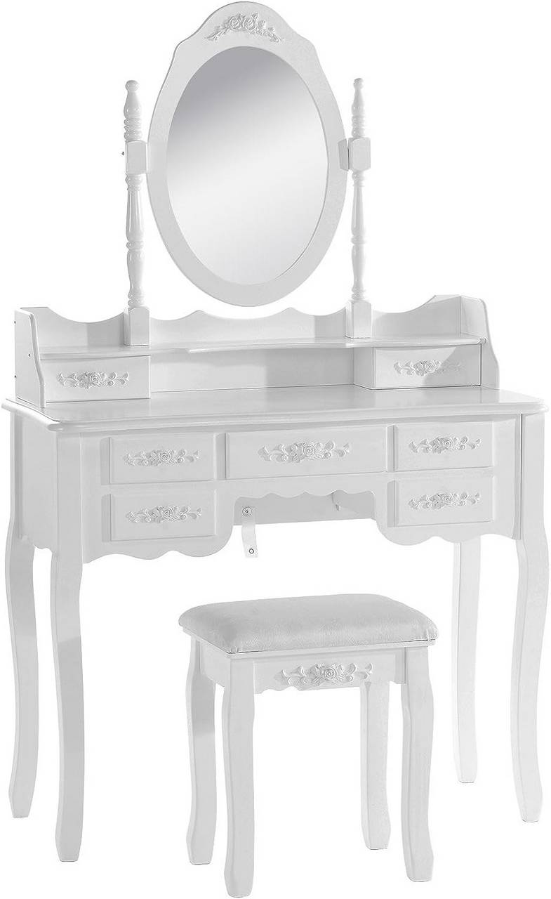 Make-up tafel kaptafel 90x144,5x40cm met 7 lades et 1 spiegel, tafel stijl Barok in MDF, Wit | Woltu.eu