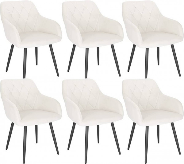 6er Set Esszimmerstühle mit Armlehne Rückenlehne, Stuhl mit Samtbezug Metallbeinen weiß