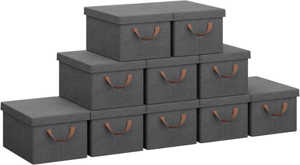 WOLTU Set of 10 storage boxes with lids, with handles, foldable, gray