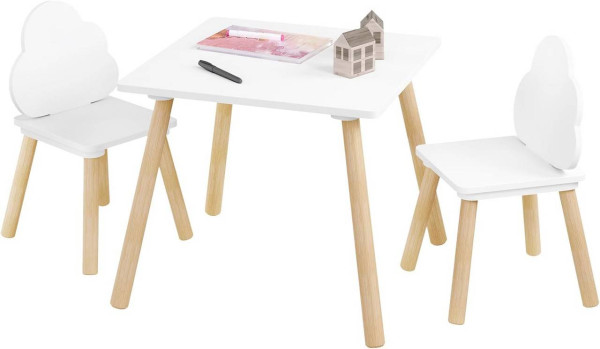 WOLTU Vierkante kindertafel met 2 stoelen, kinderzitgroep, massief houten poten