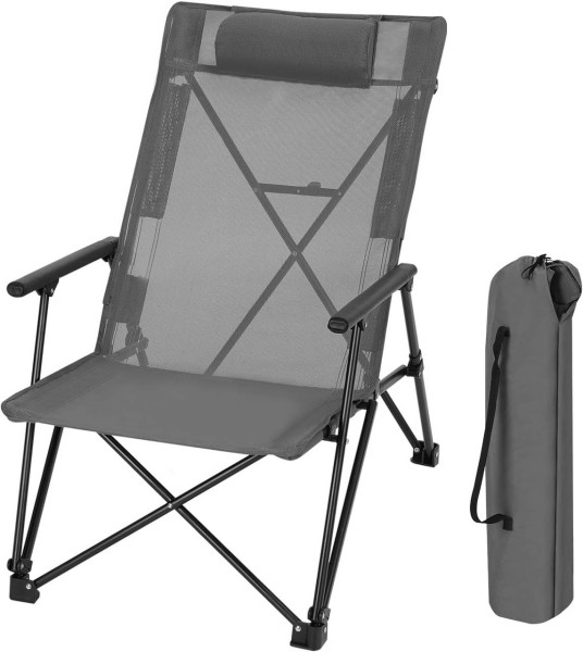 WOLTU Chaise Camping Pliante, Fauteuil de Pêche, Chaise de Plage Pliable, Légère, Portable, avec Dossier Haut et Appui-tête Rembourré, en Polyester, Gris Foncé