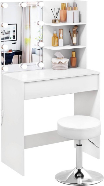 WOLTU Coiffeuse avec Miroir LED, Lumière Réglable, Table de Maquillage avec Tabouret Rembourré, Réglable en Hauteur, Meuble Cahmbre avec Tiroir et Étagères Ouvertes, Blanc