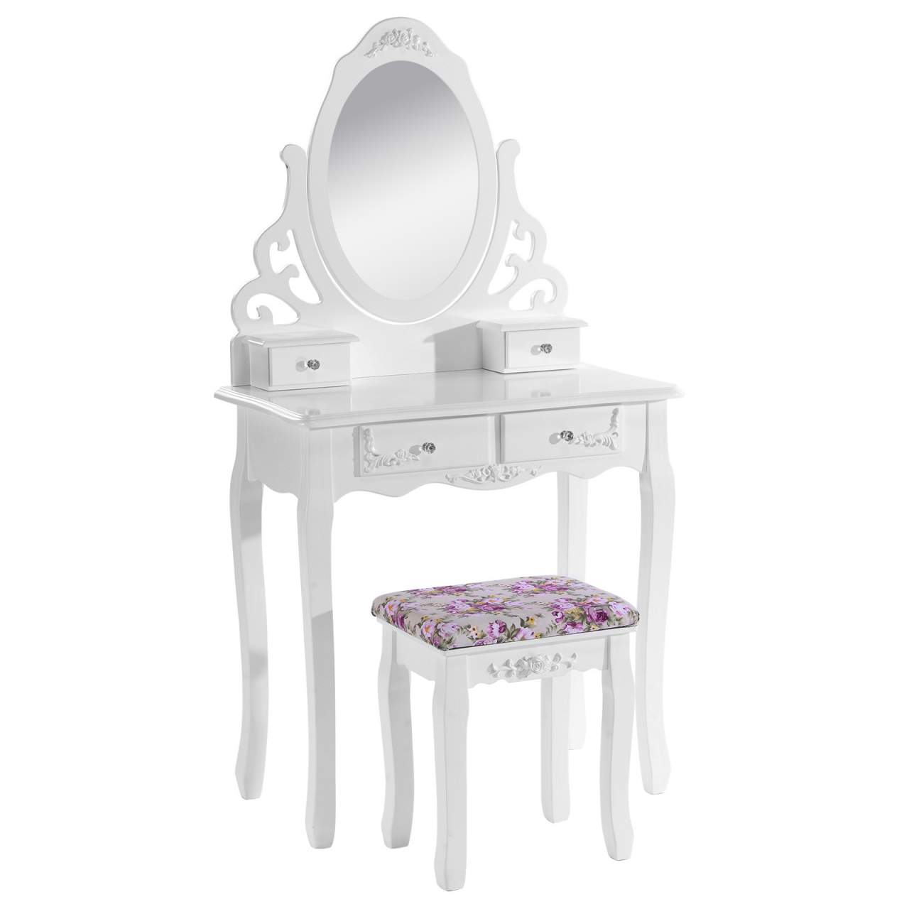 Set tavolo toeletta con 10 luci LED e specchio ovale, Tavolo da trucco con  4 cassetti e sgabello imbottito Bianco